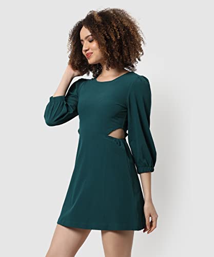 Image of PINACOLADA Women's Solid Slim Fit Mini Dress for Winter Wear | Quarter Puff Sleeve | Round Neck | Casual Dress for Woman & Girl | Western Stylish Dress for Women & Girls