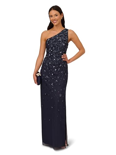 Adrianna Papell Women's One Shoulder Beaded Gown, Dusty Navy3
