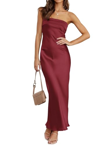 Image of MEROKEETY Women's Summer Satin Strapless Bodycon Dress 2026 Backless Tube Wedding Guest Cocktail Formal Party Maxi Dresses