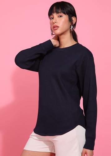 Image of Alan Jones Clothing Women's 100%Cotton Relaxed Fit Waffle Crew Neck Long Sleeve T-Shirt
