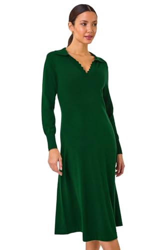 Roman Originals Scallop Detail Knitted Midi Dress for Women UK - Ladies Everyday Autumn Winter V-Neckline Comfy Soft Evening Vacation Work Party Night Out - Dark Green - Size 12