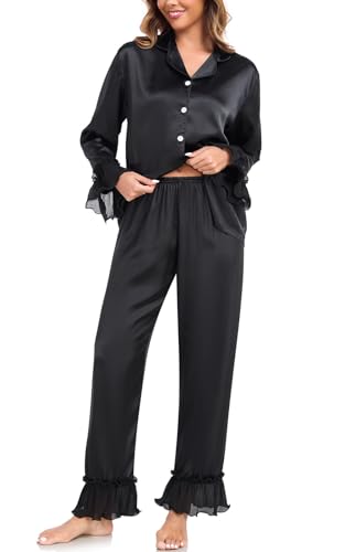 BestWendding Womens Silky Pajamas Ruffle Hem Long Sleeve Collar Shirt and Long Pants Button Up Lounge Sets with Pockets4