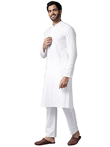 Image of See Designs Mens Kurta |White Cotton Embroidered Kurta With Pajama Set Mandarin Collar Long Sleeves Chikankari Kurta