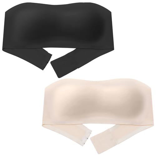 Girl's Bandeau Bra with Pads for Teens Seamless Strapless Non-Slip Silicone Tube Bra 2 Pack Nude Black 32A