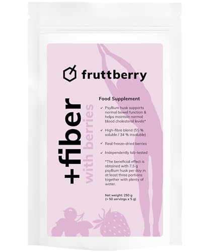 Fruttberry +Fiber – Complemento alimenticio con 77% de fibra de cáscara de psyllium, inulina y glucomanano – para digestión normal & saturación – Fresa y grosella negra – 50 porciones