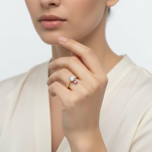 Image of Choose Your Gemstone Kite Design Diamond CZ Ring Yellow Gold Plated Oval Shape 3 Stone Engagement Rings Everyday Jewelry Wedding Jewelry Handmade Gifts for Wife US Size 4 to 12
