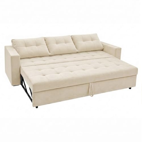 Image of FURNY Tressa 3 Seater Fabric Pull-Out Sofa Cum Bed Function (Cream) | Luxury Velvet Suede Finish | Durable Comfort Sofa Bed for Modern Living Room & Office Spaces