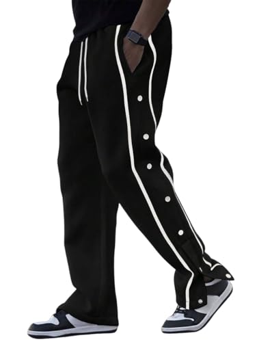 ZAFUL Men's Casual Sweatpants Drawstring Waist Contrast Long Stripe Side Buttons Jogger Pants Loose Fit Lounge with Pockets Black M