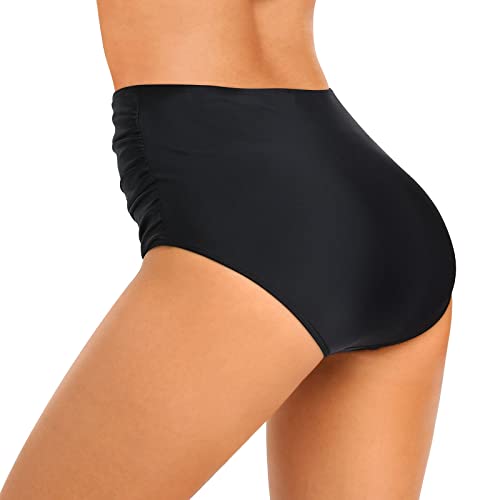 Edelqual Women’s High Waisted Bikini Bottom Full Coverage Tummy Control Ruched Bathing Suit Modest Swimsuit Tankini Pants Black #TOP2