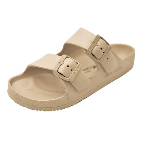 Womens Slides Sandals Double Buckle Adjustable EVA Flat Sandals with Plantar Fasciitis Arch Support Waterproof Slip on Beach Sandal Comfort Non Slip Shower Slide Khaki 9
