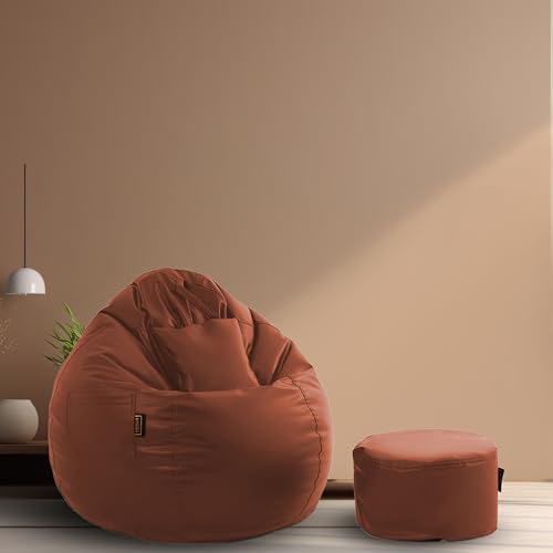 Image of Seventh Heaven 4XL Bean Bag Cover with Footrest and Cushion | Premium Scratch Resistant Leatherette | Tear Drop Bean Bag Sofa | Tan Leatherette Fabric