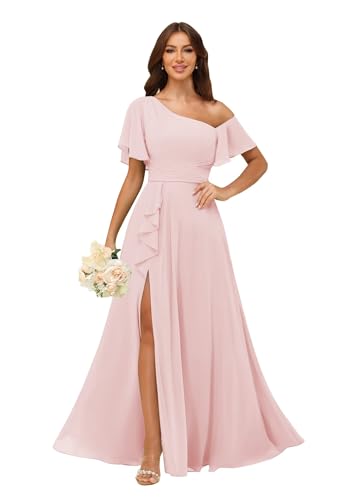 Image of One Shoulder Bridesmaid Dresses for Women with Pockets Short Sleeve Ruffled Chiffon Formal Evening Gowns