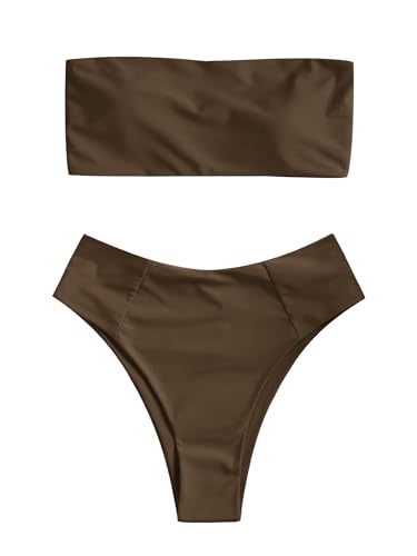 Image of ZAFUL Women's High Cut Bandeau Bikini Set Strapless Solid Color 2 Pieces Bathing Suit Swimsuit