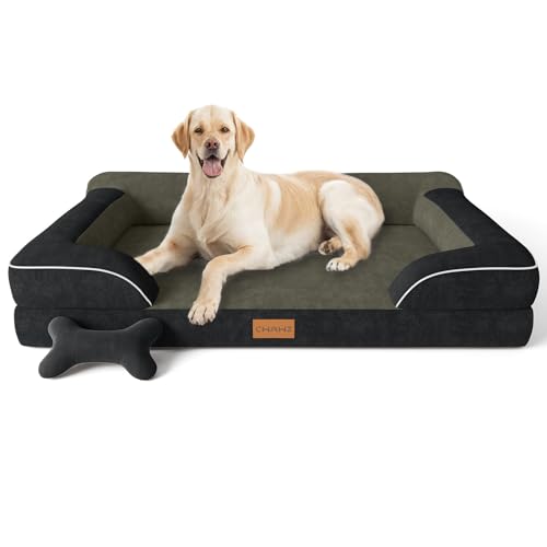 Image of CWAWZ Jumbo Dog Bed for Extra Large Dogs, Orthopedic Dog Bed with Cooling Gel Memory Foam, Waterproof Pet Bed with Removable Washable Cover, 45 inch Pet Sofa Couch Dutch Velvet with Bone Toy, Black