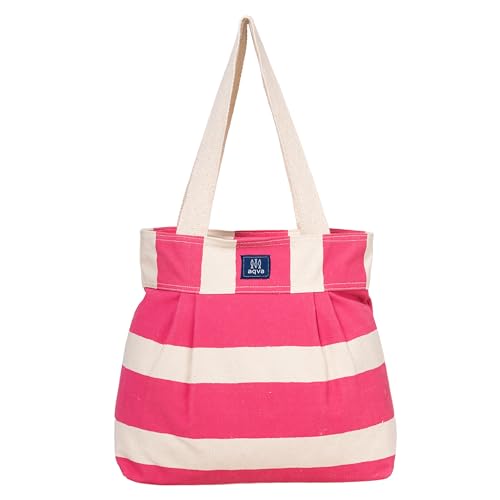 Image of AQVA Striped Cotton Canvas Shoulder Tote Bag for Women with Sturdy Strap Multipurpose Handbag with Zip Closure for Travelling, Shopping and Work