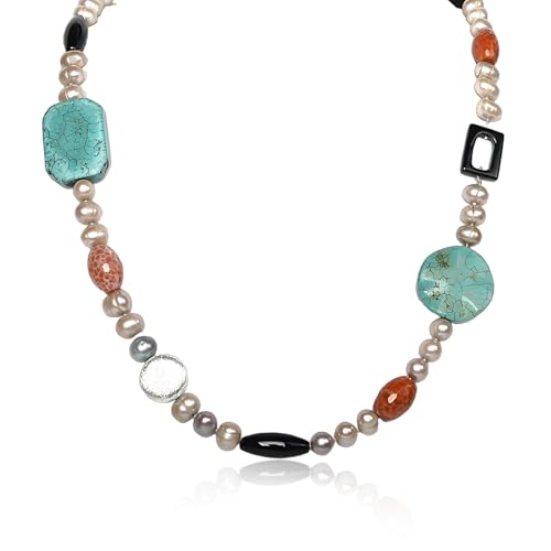 Handmade Freshwater Pearl Necklace with Agate Turquoise, 9-10mm Cream Round