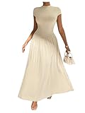 SOLY HUX Women's Summer Maxi Dress Modest Mock Neck Cap Sleeve A Line Flowy Elegant Long Dresses Plain Khaki Medium