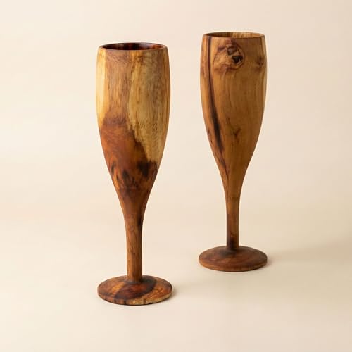 Image of NAVRANG Wooden Champagne Glasses Set of 2 | Handcrafted Teak Wood Champagne Glasses | Unique Rustic Drinkware for Gifting, Barware, Parties, Dining & Special Occasions | Traditional Glass Set