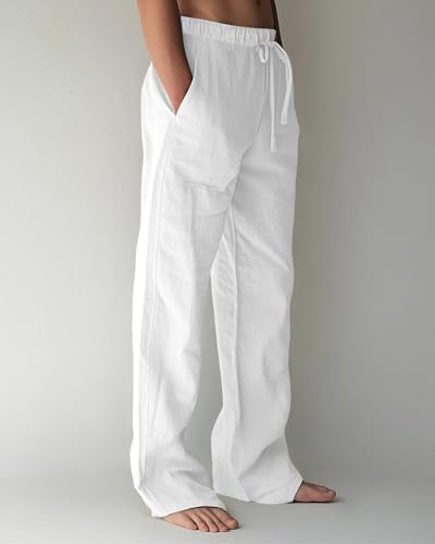 Men's Linen Pants Summer Cotton Beach Trousers Casual Lightweight Elastic Drawstring Waist Yoga Pants2