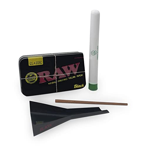 Raw Pre Rolled Cone Loader: 1-1/4 Size, King, & 98 Special Mess Free Perfect Cone Packer – 5 Piece Kit – Static Free Scoop Card, Funnel, & Packing Tool, Rawthentic Tin, Green Blazer Tube #TOP5