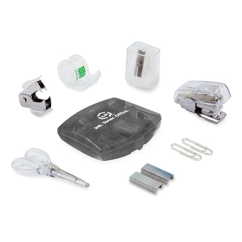 LD Produtos Mini kit de material de escritório preto estojo portátil com tesoura, clipes de papel, c