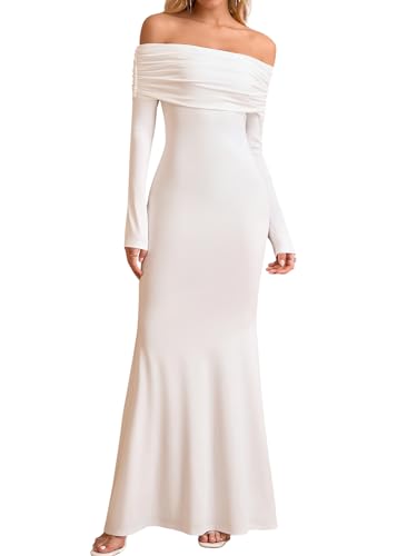KUTUMAI Elegant Off Shoulder Long Sleeve Maxi Dresses for Women Fall Bodycon Fishtail Formal Wedding Guest Dress