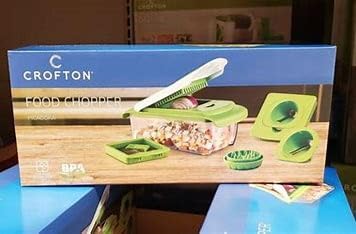 Verpackungskarton des Crofton Food Chopper mit Produkt und Zubehör.