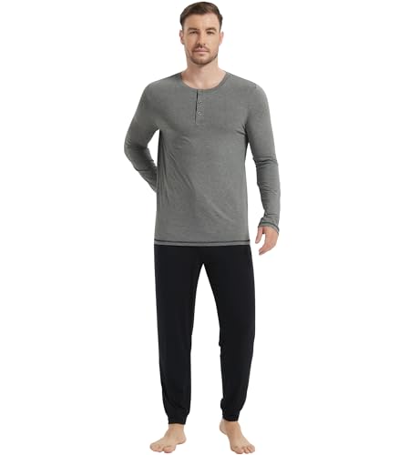 Image of NACHILA Mens Pajamas Set Long Sleeve Henley Sleepwear Top Soft Jogger Pants Pajamas Cool Pjs Set,Viscose Made from Bamboo