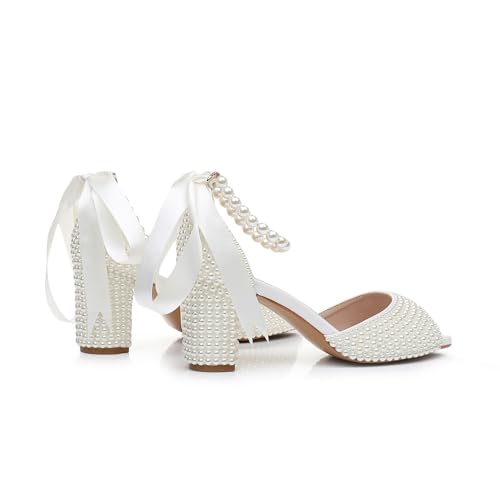 3 Inches Women Open Toe Sandals Square High Heels Banquet White Pearl Ribbon Dress Wedding Shoes3