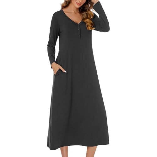 JCQIGOA Nachthemd Damen Lang mit Knopfleiste Sexy Nachtwäsche Stillnachthemd Langarm Baumwolle Oversize Schlafshirt Unterkleid Große Größe Für...