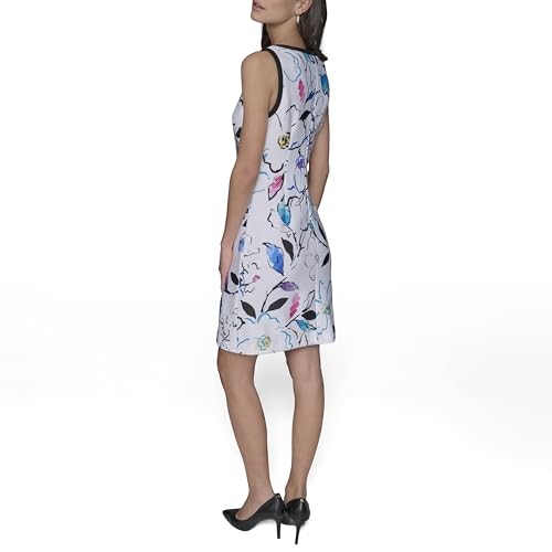 Image of Karl Lagerfeld Women's Sleeveless Split Neck Contrast Trim A-line Mini Dress with Bow Detail