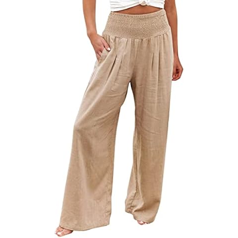 riou Pantalones Casuales Sueltos de Lino de Algodón Talla Grande con Estampado Sólido Cover