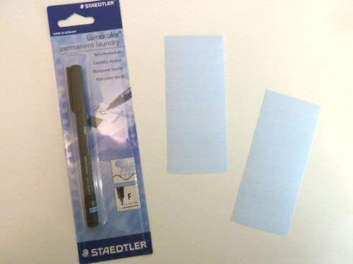 Minilabel 20 Plain Iron On Name Tapes With Black Permanent Laundry Marker Pen - Name Tag Labels Blue