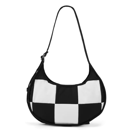Checkered Crossbody Crescent Bag Medium Shoulder Hobo Cloud Bag Structured Casual Travel with Checkerboard Quilting