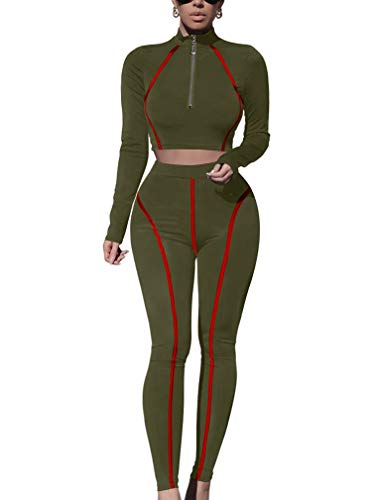 XXTAXN Women's Fall Sexy Long Sleeve Tops Long Pants Stitching Two Piece Outfits Olive