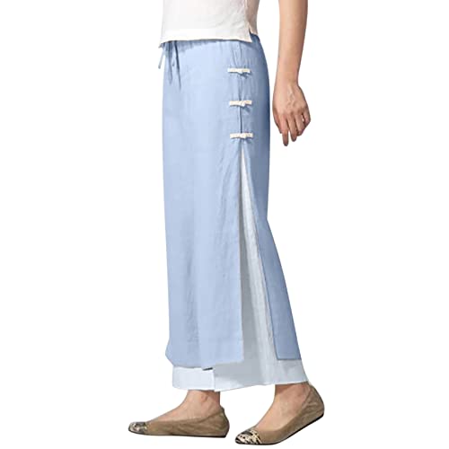 Women's Color Block Buckle Pants Wide Leg Capri Pants Double Layer Cropped Trousers Women's Elastic Waist (Sky Blue, M)