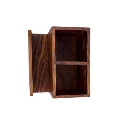 Image of Wooden Brown Dining Table Organizer - Cutlery Holder with Tissue Paper Stand | Spoon, Fork & Napkin Holder for Kitchen & Table | 15 x 10 x 12.5 cm