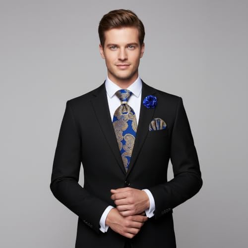 Image of 5PCS Mens Silk Designer Tie, Pocket Square, Cufflinks, Drilled Tie Ring and Lapel Pin Set for Wedding Groom Party