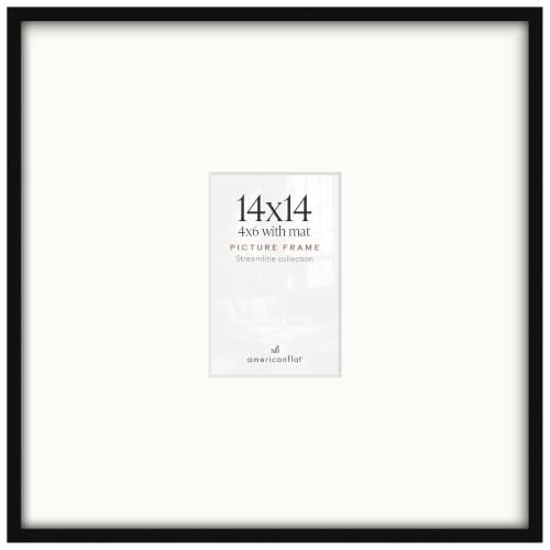 Americanflat 14x14 Picture Frame - Matted to 4x6 - Slim Molding - Black