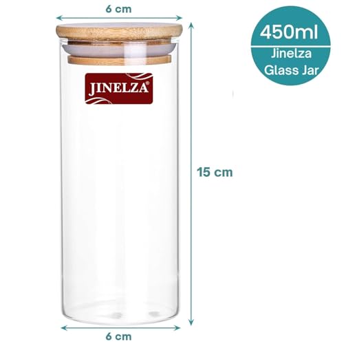 Jinelza Airtight clear glass storage canister with wood lid food storage container jar with sealing bamboo lid for kitchen storage and multipurpose use (450ML JARS, 6 PCS)