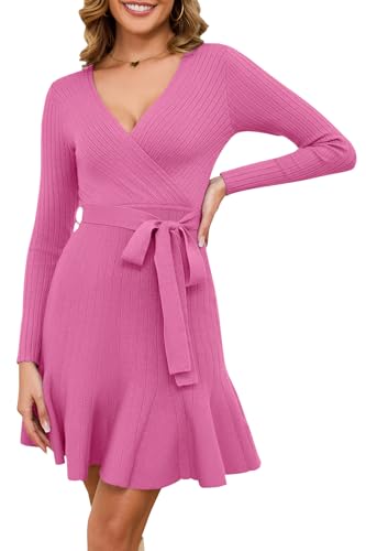 Arach&Cloz Strickkleid Damen V Ausschnitt Herbstkleid Winterkleid Pulloverkleid Herbst Winter Party Kleider (Pink,Small)