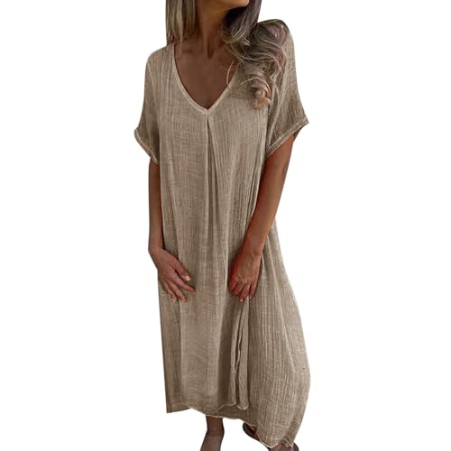 Robe d'été longue en lin pour femme - Robe de plage d'été à manches courtes - Légère et aérée - Col en V - Robe chemisier en mousseline - Robe décontractée élégante - Couleur unie, beige, S Robe d'été longue en lin pour femme - Robe de plage d'été à manches courtes - Légère et aérée - Col en V - Robe chemisier en mousseline - Robe décontractée élégante - Couleur unie, beige, S