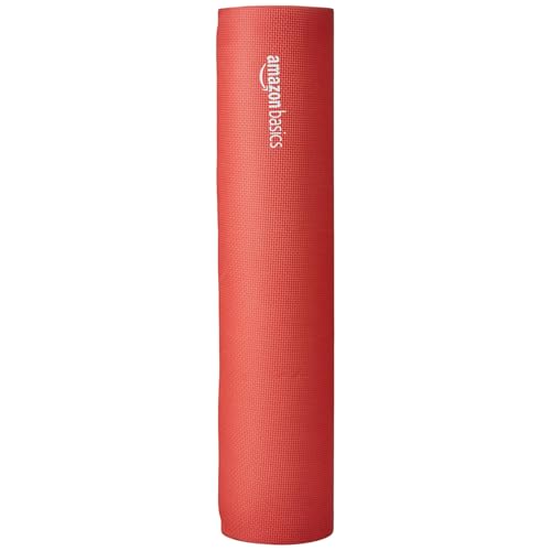 Image of AmazonBasics Dual Colour Yoga Mat | 6 MM Thick Mat | Carry Strap | Grippy Surface | Anti Slip Exercise Mat | EVA & LDPE Material | Yoga Mat for Men & Women | Exercise Mat for Gym or Home (Black & Red)