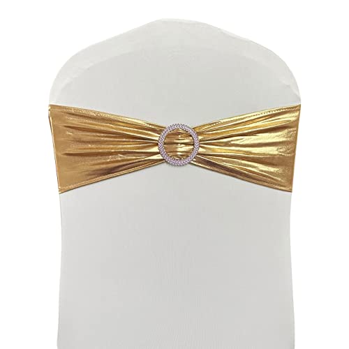 Ieventstar Chair Cover Stretch Band With Buckle Slider Sashes Bow Wedding Banquet Decoration 10Pcs (Metallic Gold) #TOP6