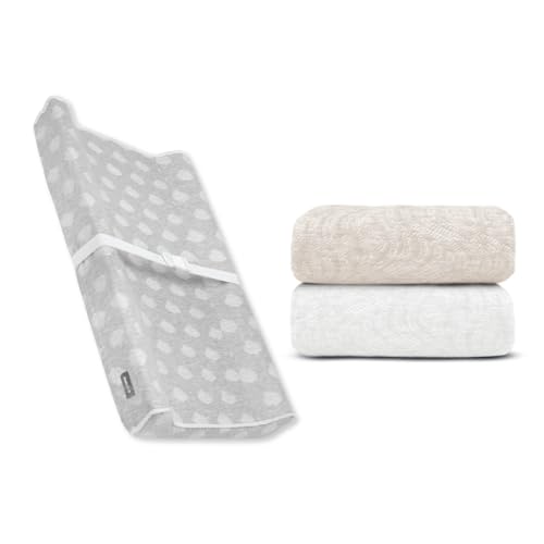 Image of Contoured Changing Pad w/Cover (Gray, Cloud) + Replacement Covers - 2 pk (Off White & Oatmilk, Wave)