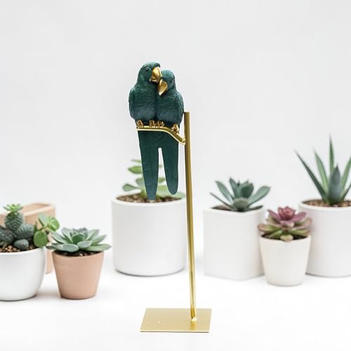 Love Birds Parrot Pair Showpiece | Resin Parrot Couple Figurine on Gold Finish Iron Stand | Vastu Feng Shui Bird Statue for Home Decor, Anniversary & Wedding Gift