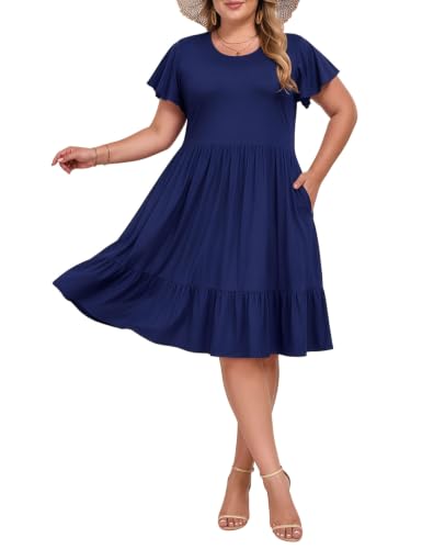 Image of Women's Plus Size Casual Dress Crew Neck Ruffle Floral Short Sleeve Summer Midi Dresses with Pockets