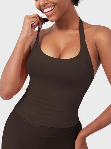Image of YEOREO SoftHue Women's Impact Halter Tank Top Longline Backless Scoop Neck Built-in Bra Sports Workout Gym Crop Top