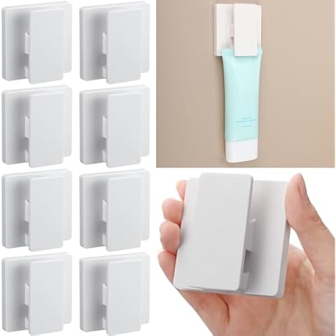 Briwooody 8 Pcs Large Self Adhesive Clips Spring Clip Hook Adhesive Wall Clips Anti Slip Hanging Clips No Drilling Adhesive Towel Holder Adjustable Spring 15 mm for Bathroom Kitchen Home Hotel(White) Cover