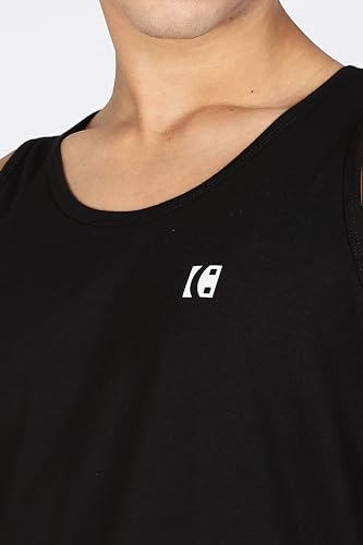 Image of Men's Black Tank Top, 100% Combed Cotton, Regular Fit, Sleeveless Gym Workout Vest with Logo